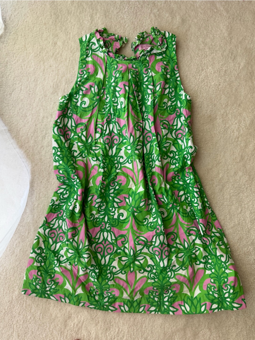 Lilly Pulitzer Cotton Green and Pink Floral Ruffle Neckline Sundress